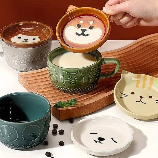 10oz Cartoon Animal Ceramic Mug With Lid Cup And Saucer Milk Coffee Mug