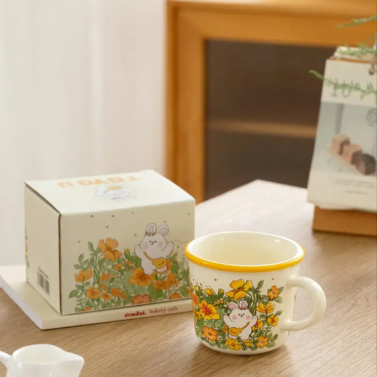 1pc Cute Rabbit Ceramic Coffee Mug (Kawaii Flower And Rabbit) (10oz)